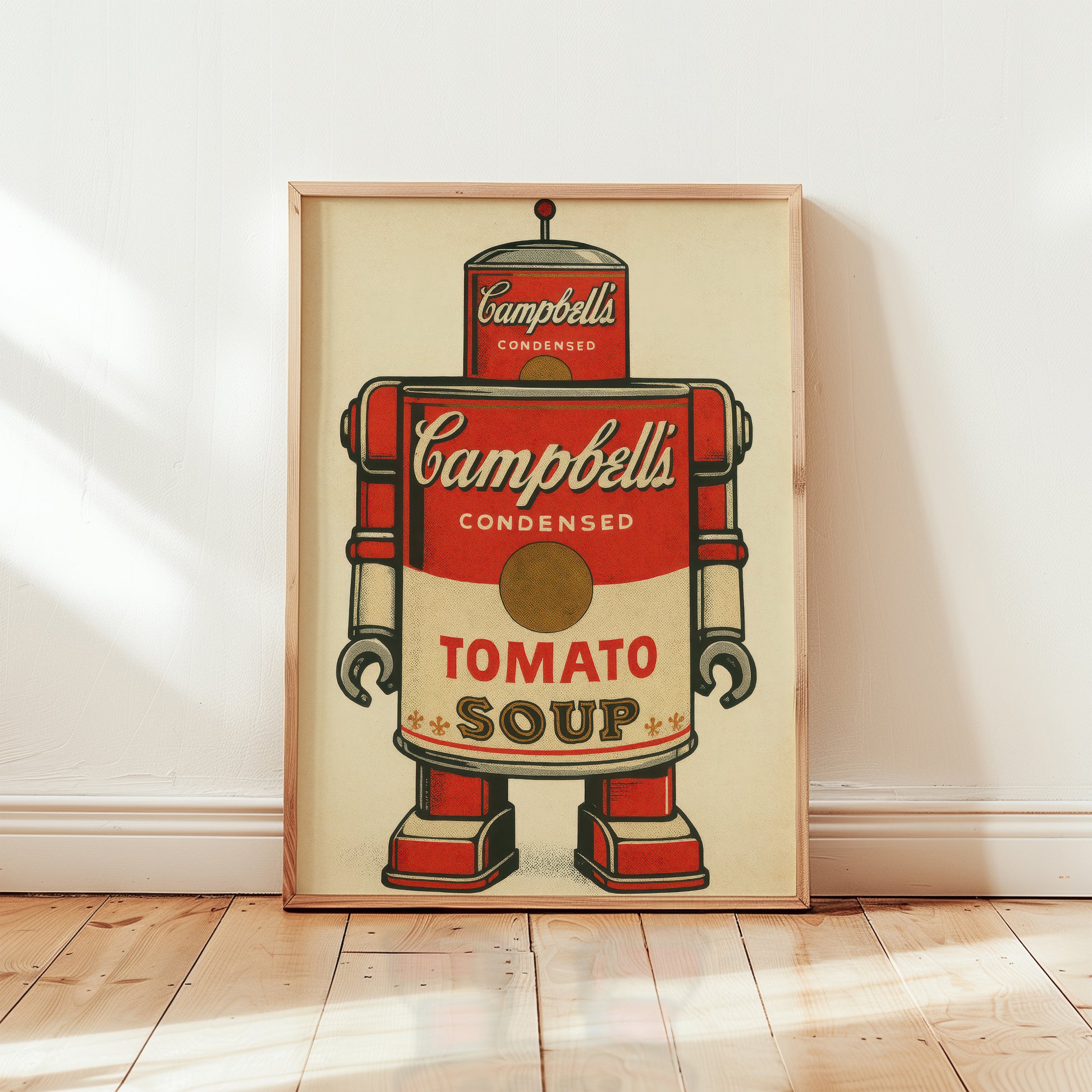 Pop art print robot made from a vintage tomato soup can illustration