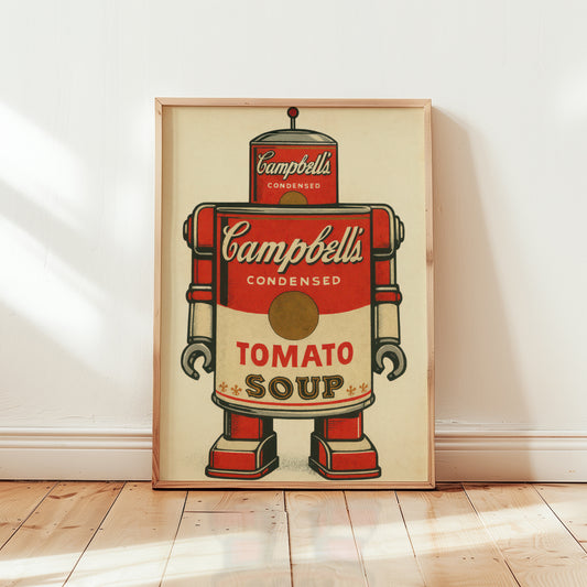 Pop art print robot made from a vintage tomato soup can illustration