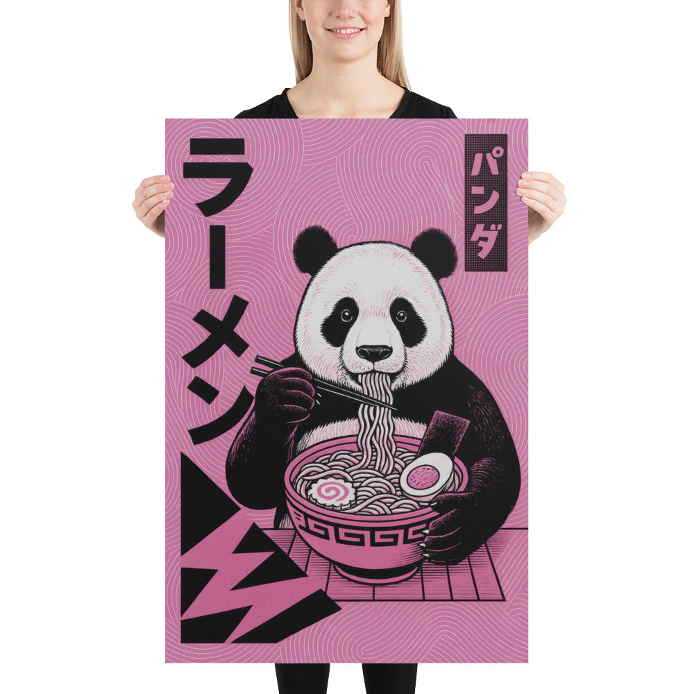 ramen panda Japanese art print in wooden frame, manga style illustration with black and white panda eating ramen