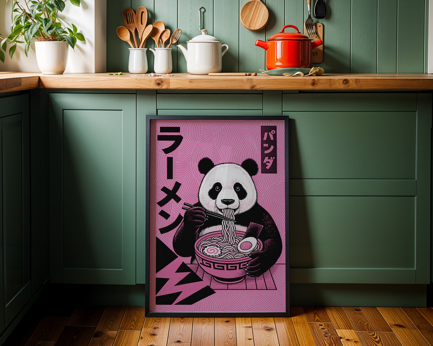 Mid century modern kitchen, with Japanes ramen panda poster