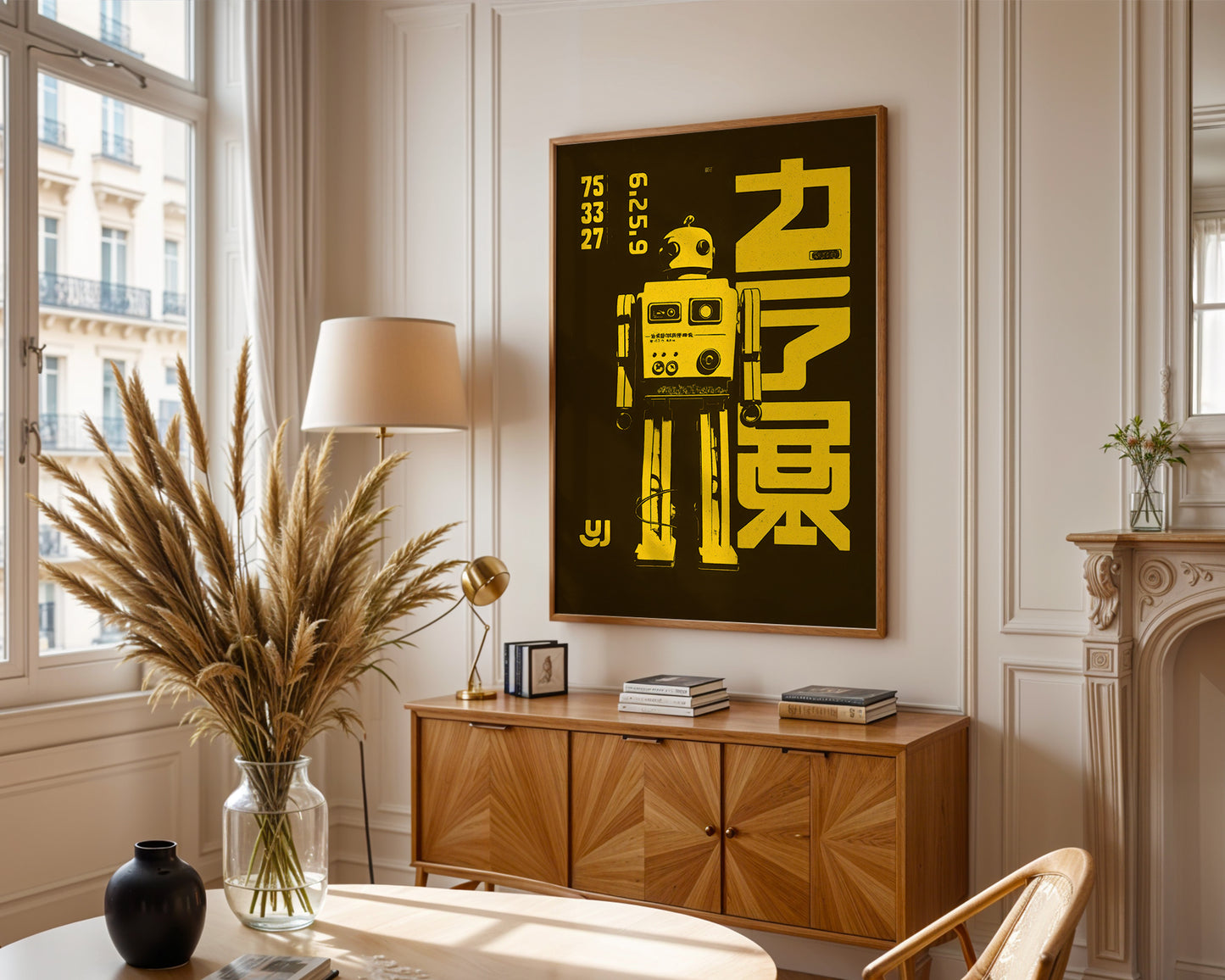 Modern living room with a Cyberpunk style robot poster with bold yellow graphic design