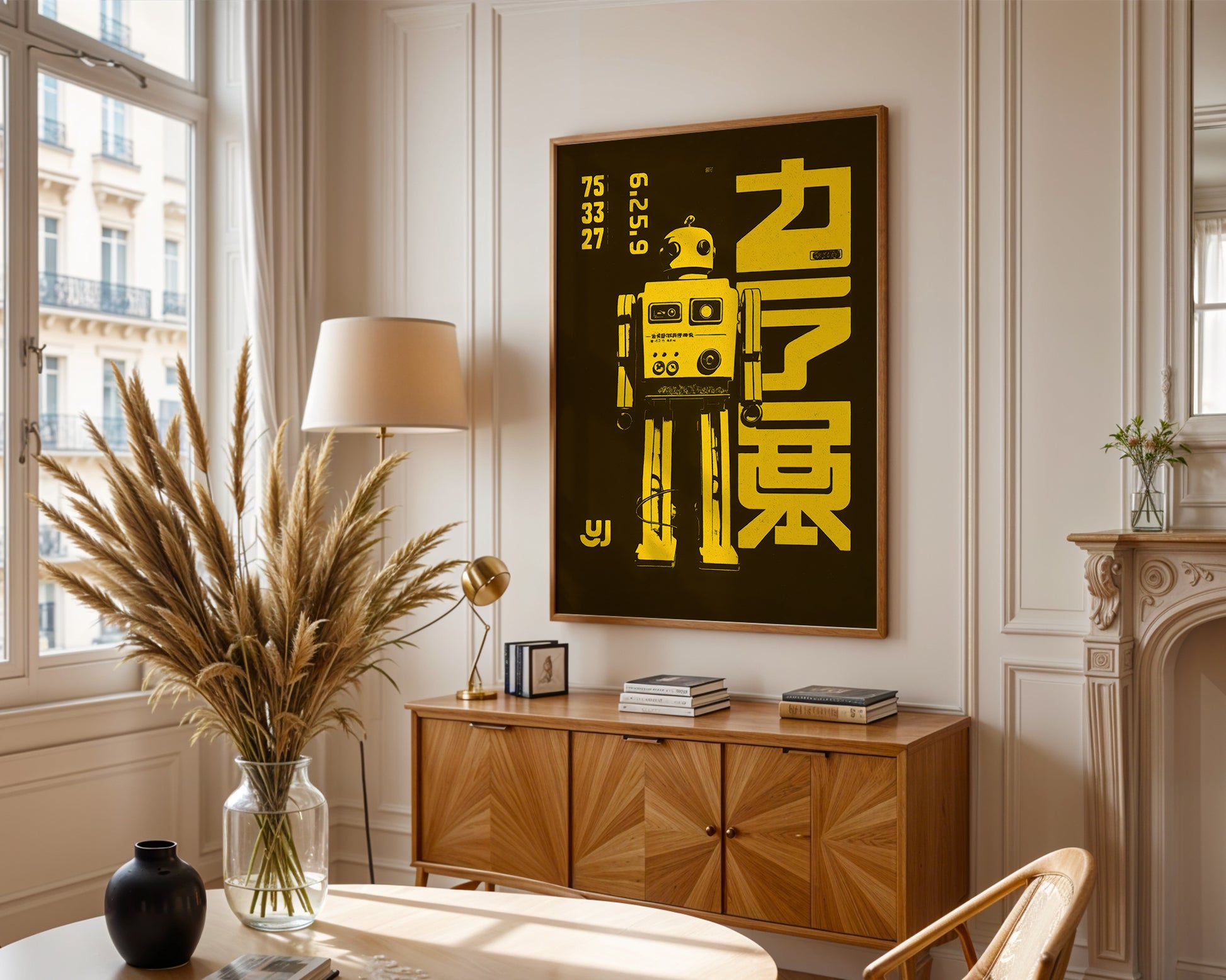 Modern living room with a Cyberpunk style robot poster with bold yellow graphic design