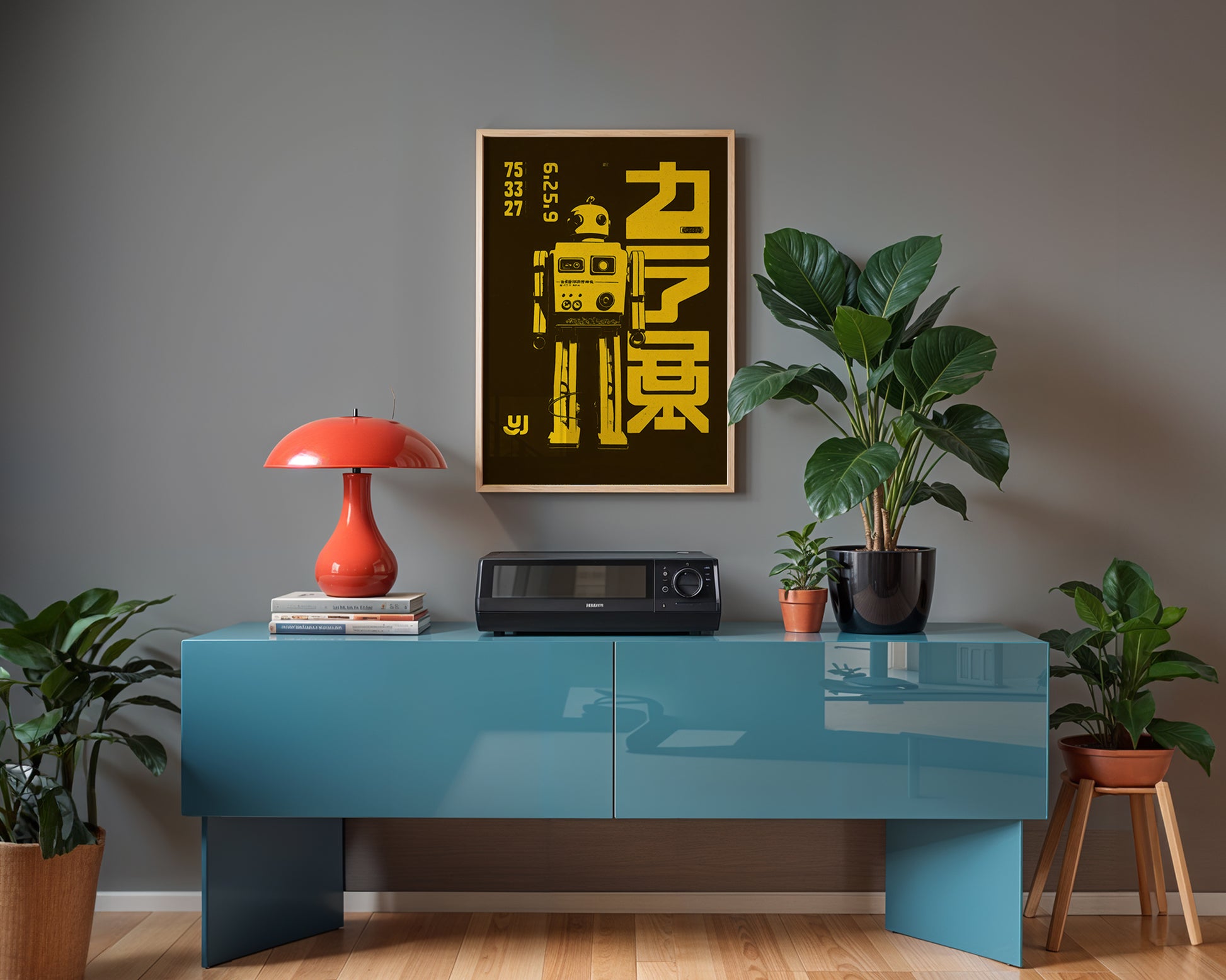 Modern interior with a retro futurist Japanese poster 