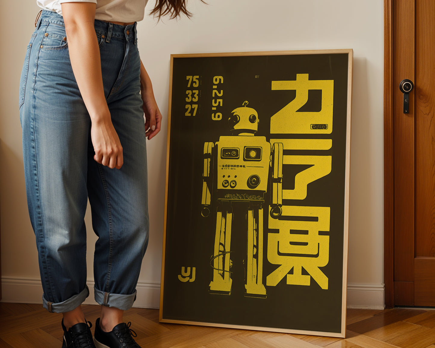 Person standing next to a framed artwork with a robot design and text on a wall.