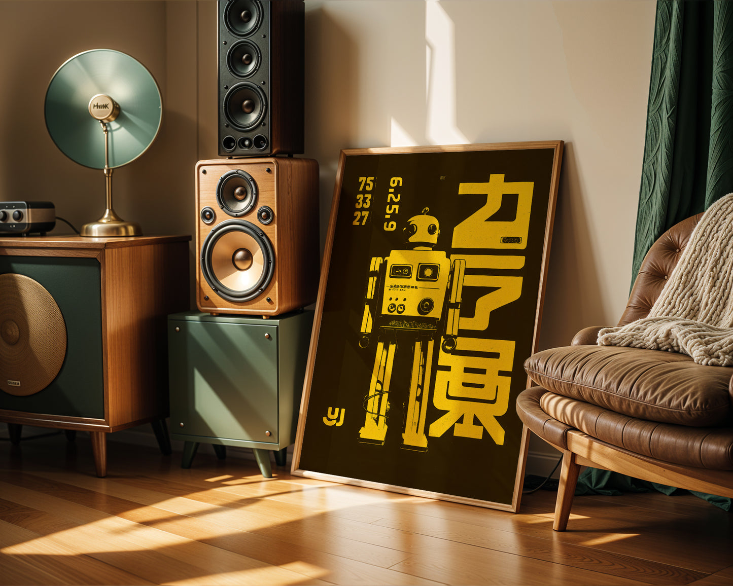 Scandi Room interior with speakers, a lamp, and a large Japanese poster on a wall.
