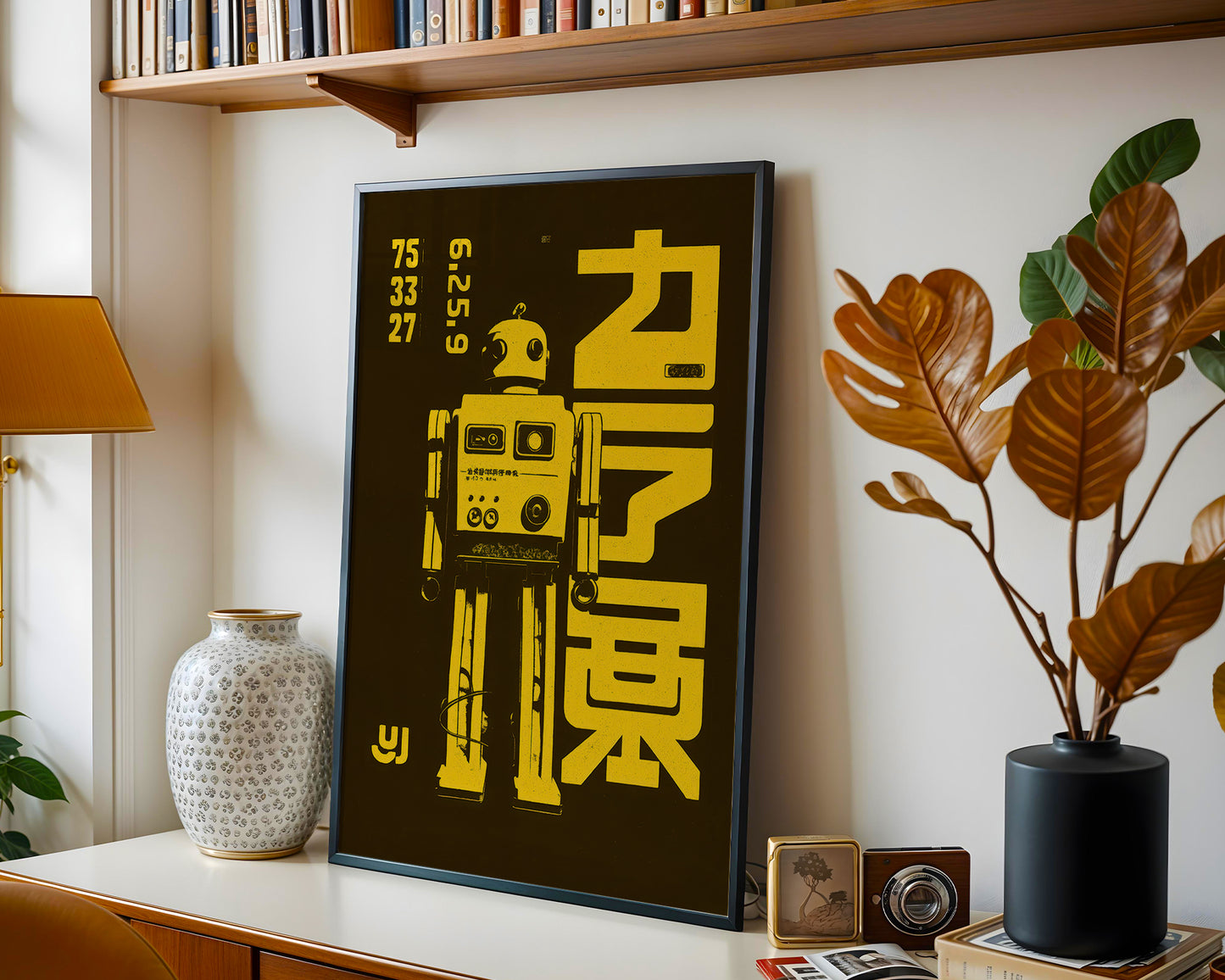 Framed artwork with a robot design and text on a shelf with books and decor.