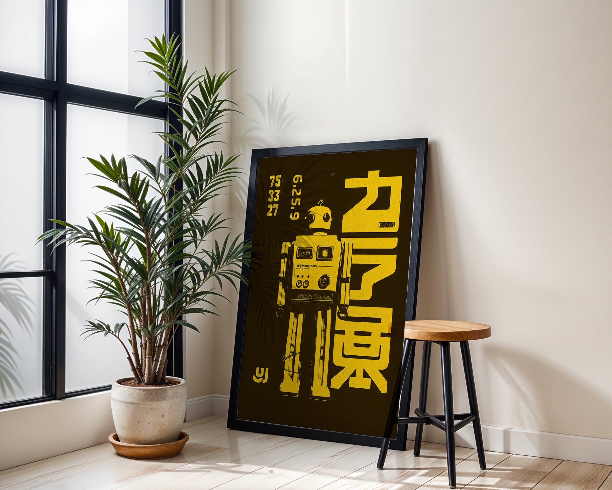 Framed artwork with yellow text and robot design next to a plant and stool in a room.