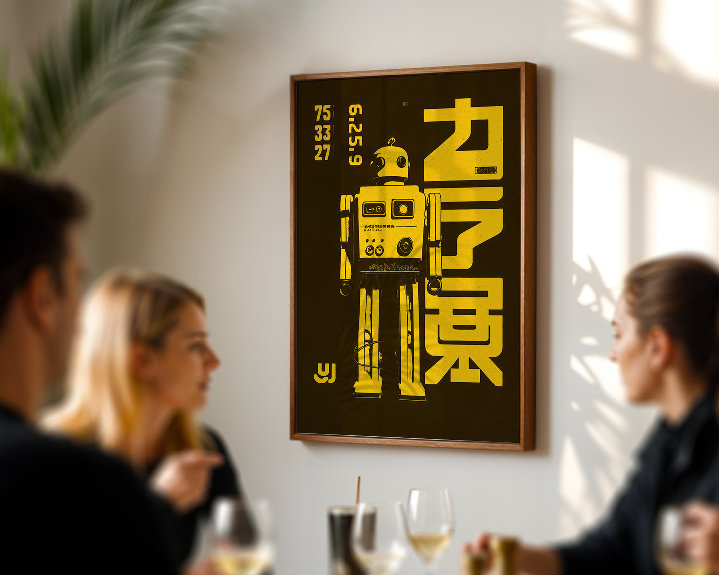 Framed artwork of a robot with text on a wall in a social setting