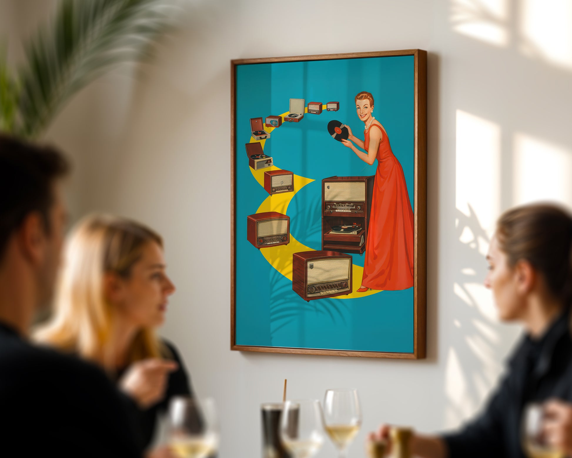 Framed Mid-century music poster featuring vintage record players and radios, woman in a red dress surrounded by vintage radios on a blue background, hanging in a room with people socializing.