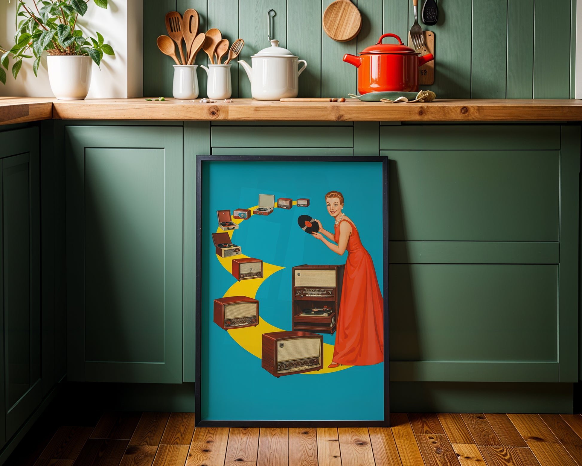 vinyl record poster in a green modern scandi style kitchen .