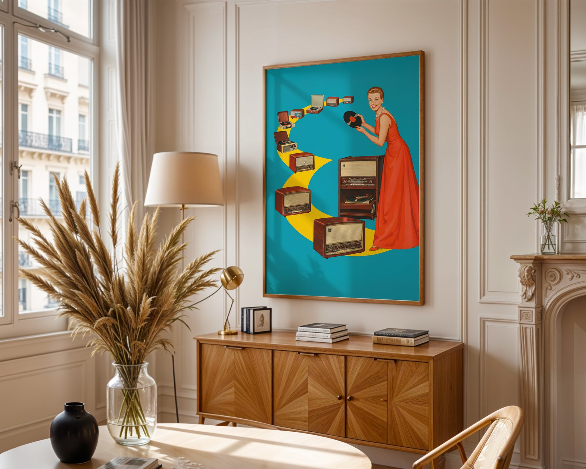 Mid century modern interior, music poster featuring vintage record players