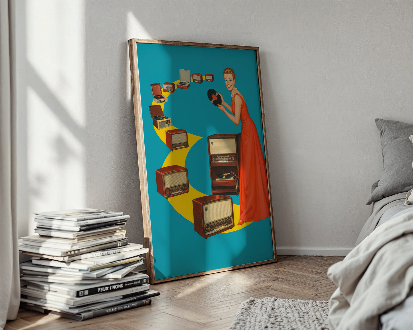 Colorful vintage retro art print of a woman with a camera surrounded by vintage radios in a bedroom setting.