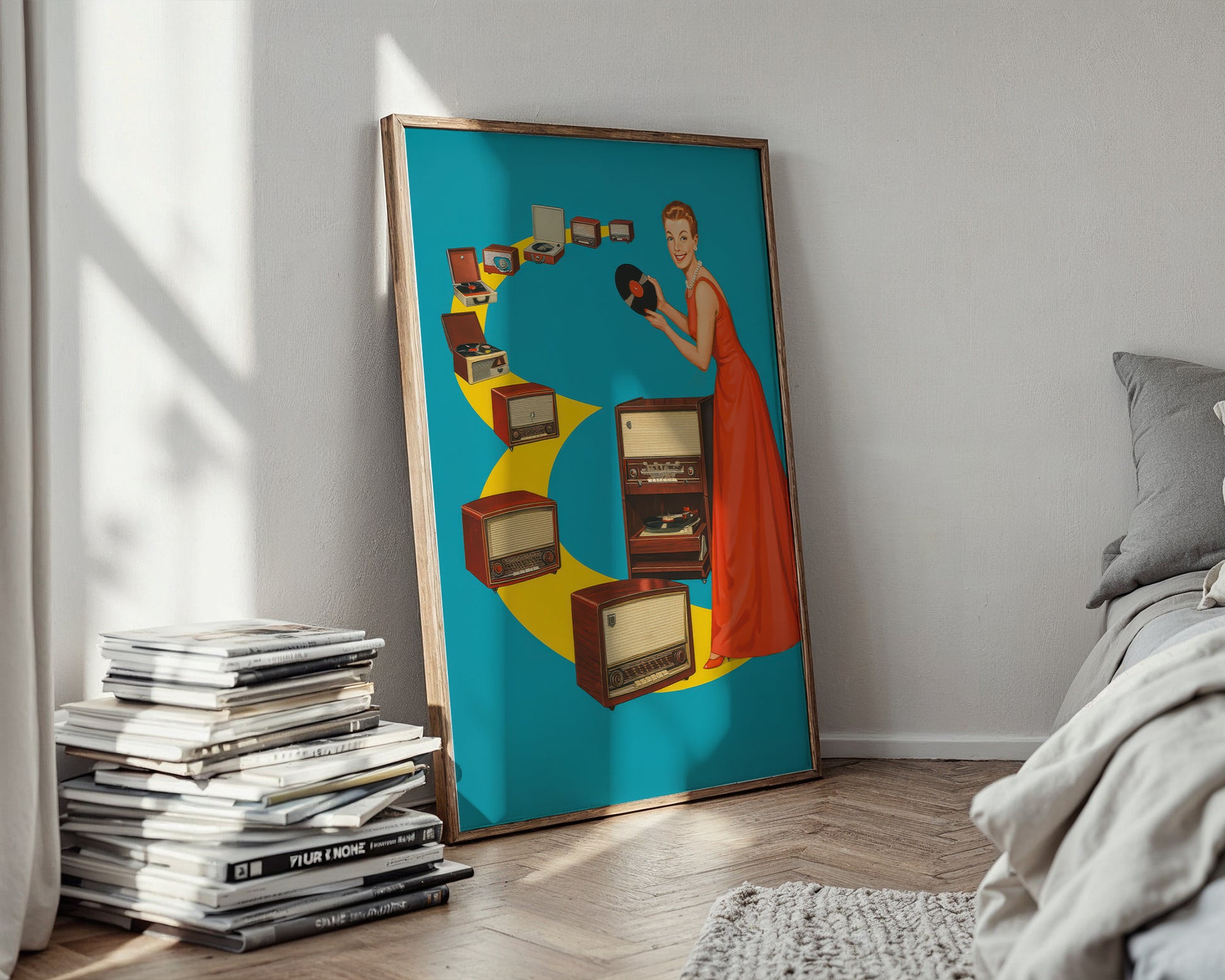 Colorful vintage retro art print of a woman with a camera surrounded by vintage radios in a bedroom setting.