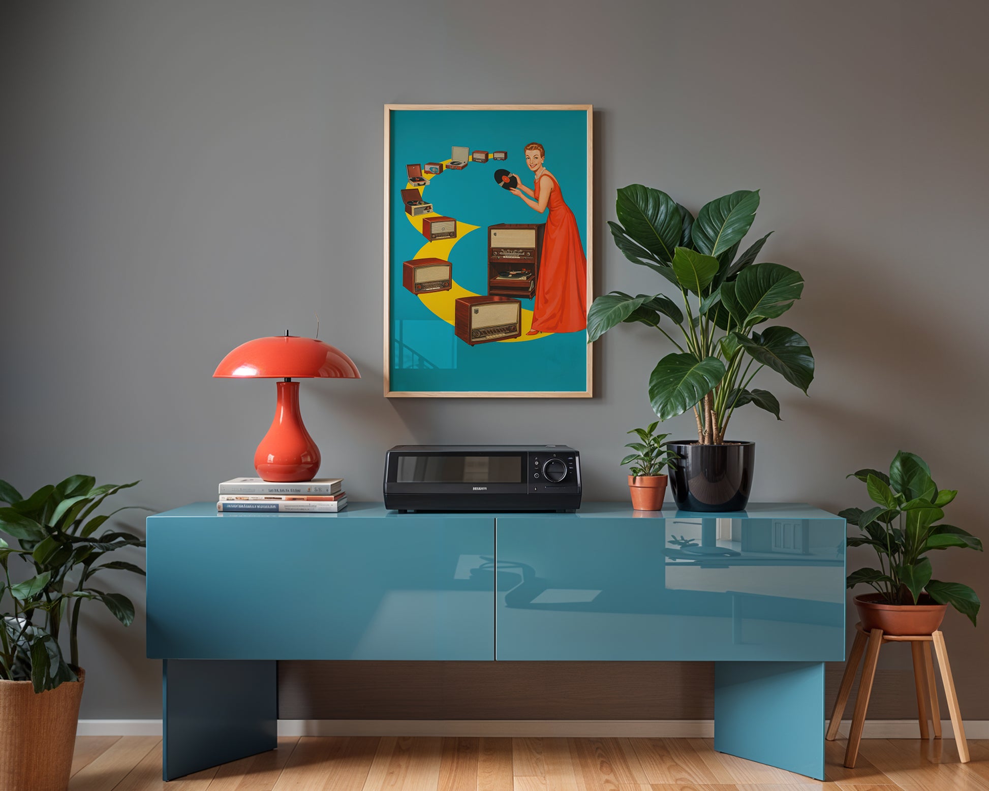 Retro vinyl record poster with mid-century radios and record players