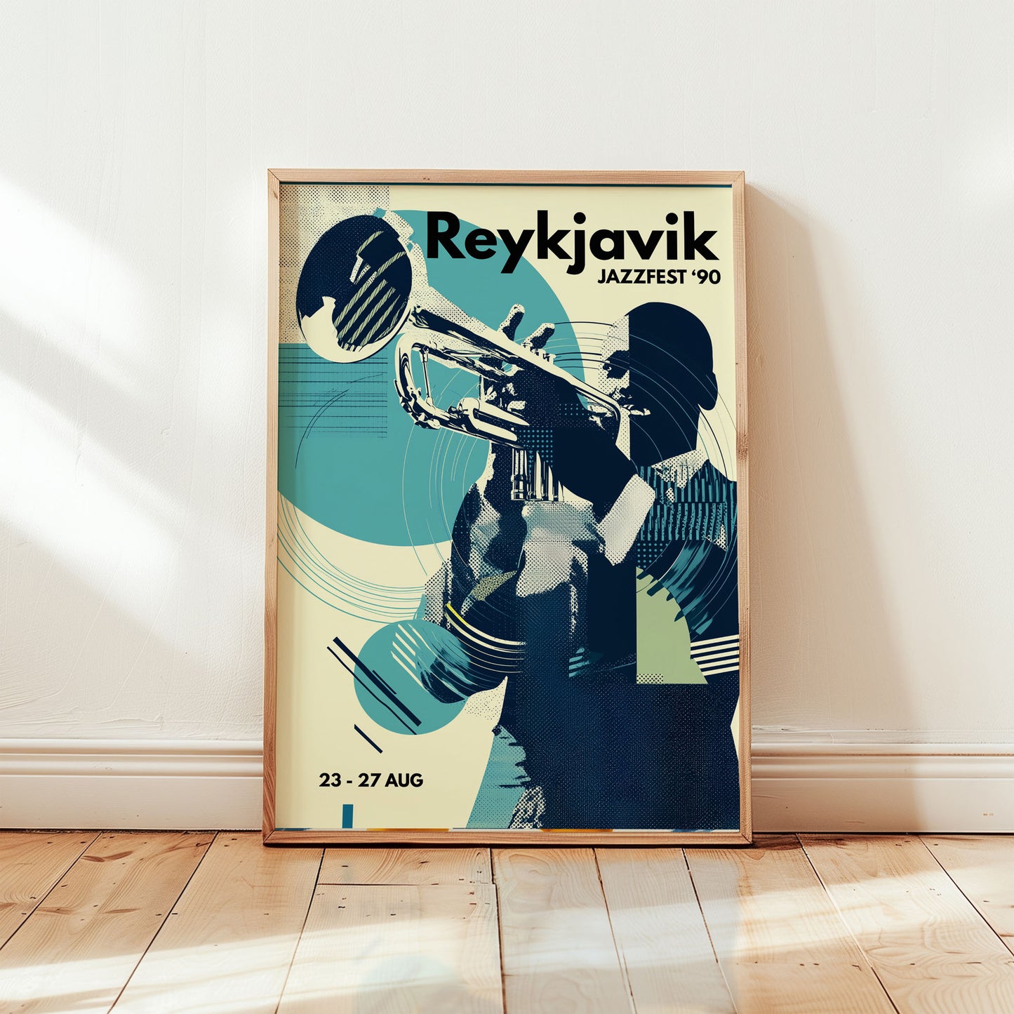 Reykjavik Jazz Festival 1990 poster featuring trumpet player in retro mid-century modern style from Wallgarde
