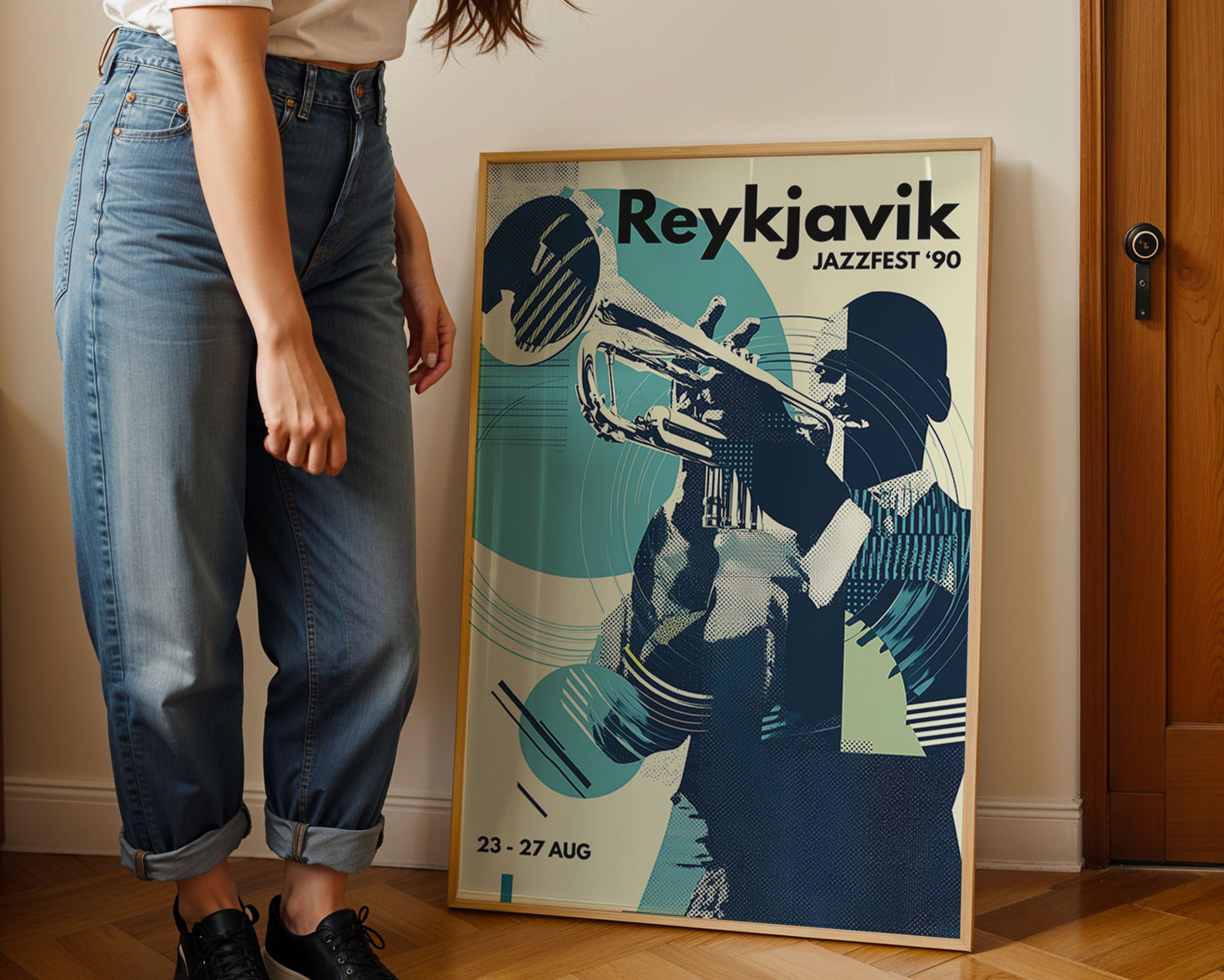 Person standing next to a Reykjavik Jazzfest '90 poster on a wall.
