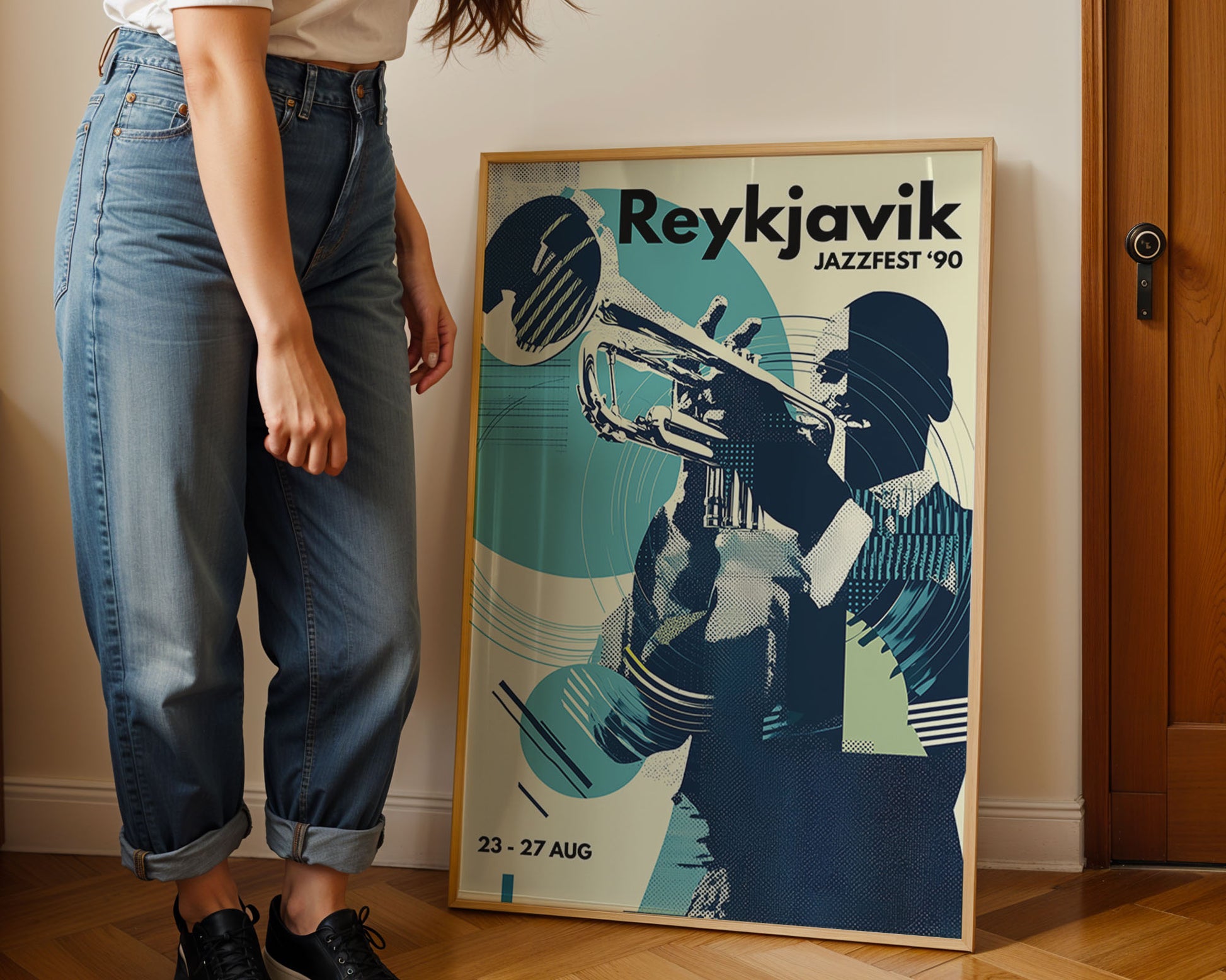 Person standing next to a Reykjavik Jazzfest '90 poster on a wall.