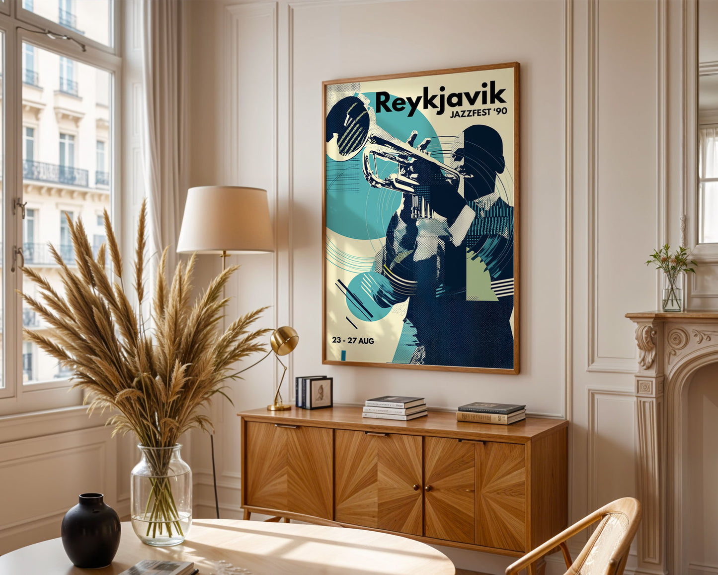 Mid-century modern poster styled in clean Scandinavian inspired living space