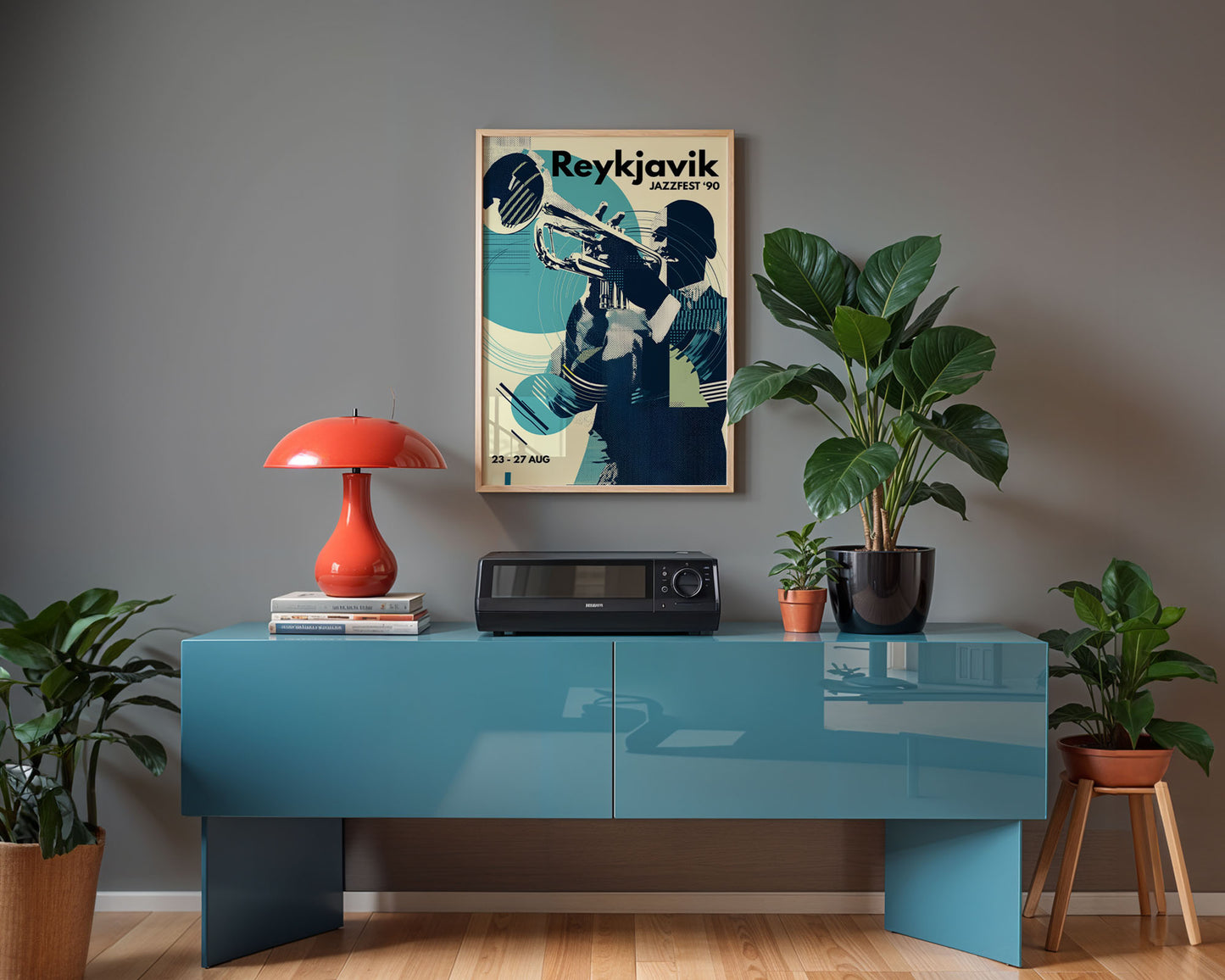 Colourful mid-century style poster adding bold accent to modern home interior