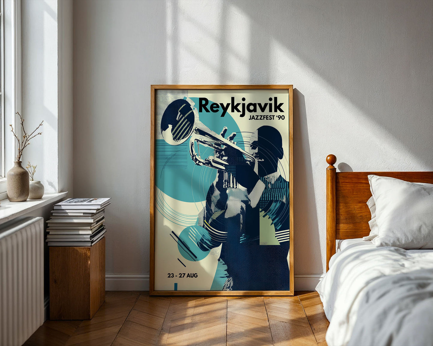 Framed Reykjavik Jazzfest 90 poster in a room with a bed and window.