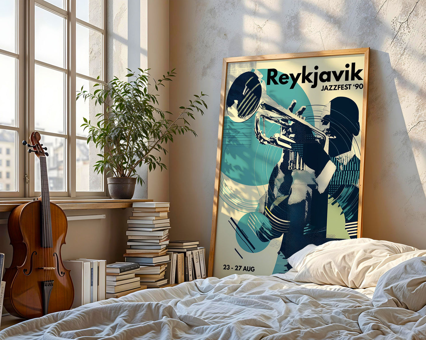 Framed Reykjavik jazz festival poster in a room with books and a violin.