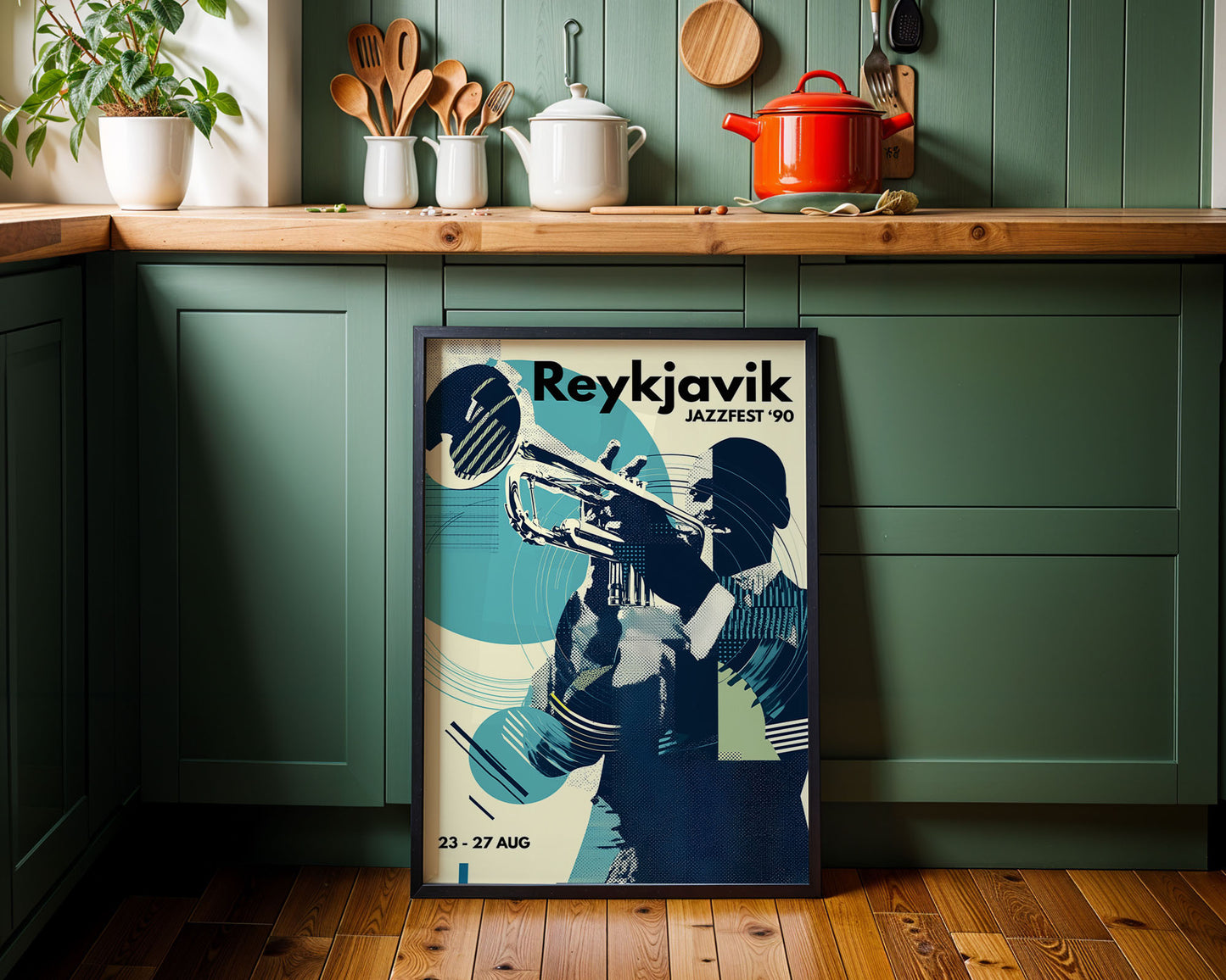 Framed Reykjavik Jazzfest '90 poster in a kitchen setting with green cabinets and wooden countertops.