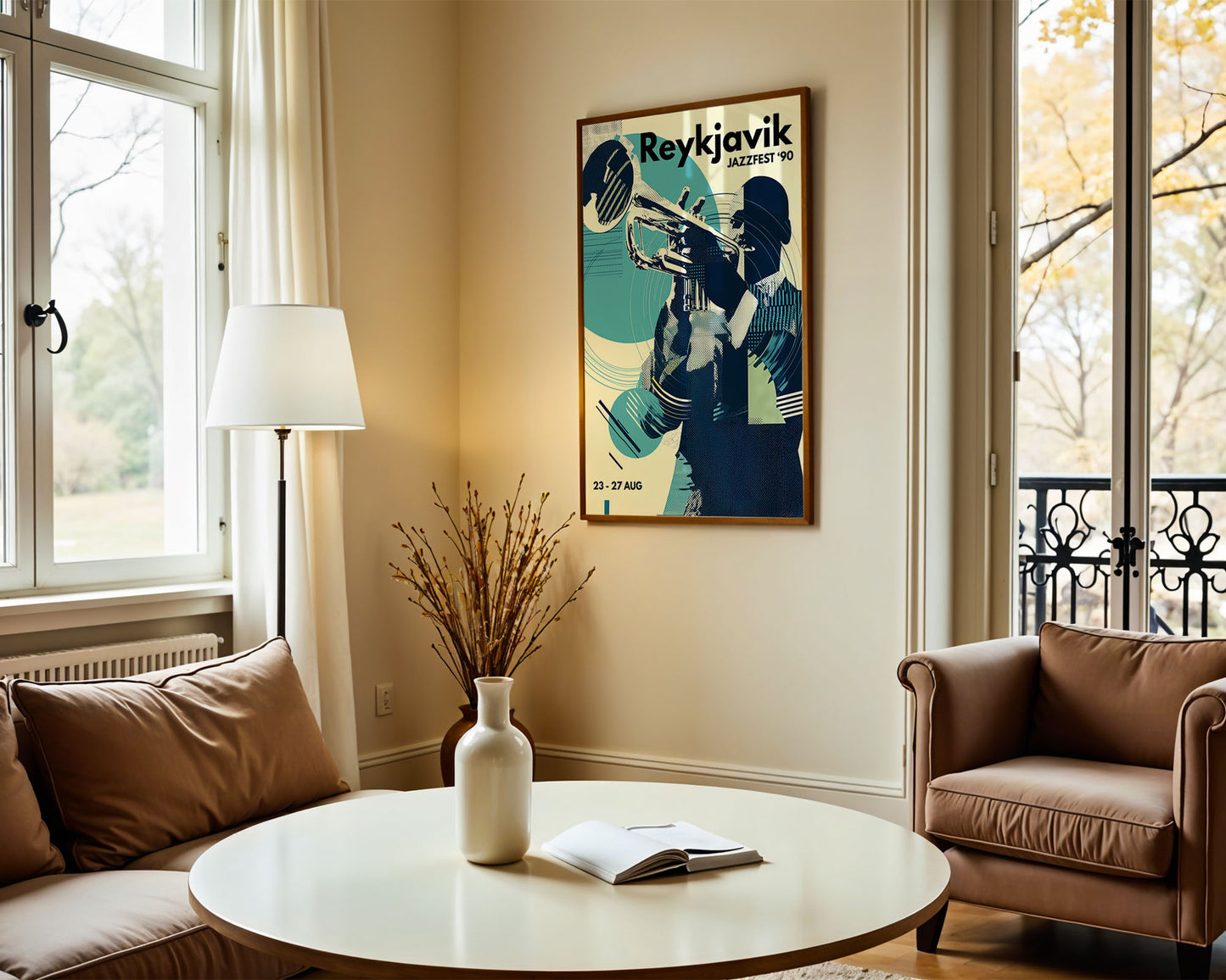 Living room with a round coffee table, vase, and poster on the wall.