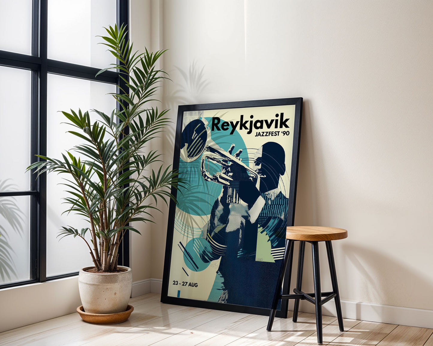 Framed Reykjavik jazz festival poster in a room with a plant and stool.