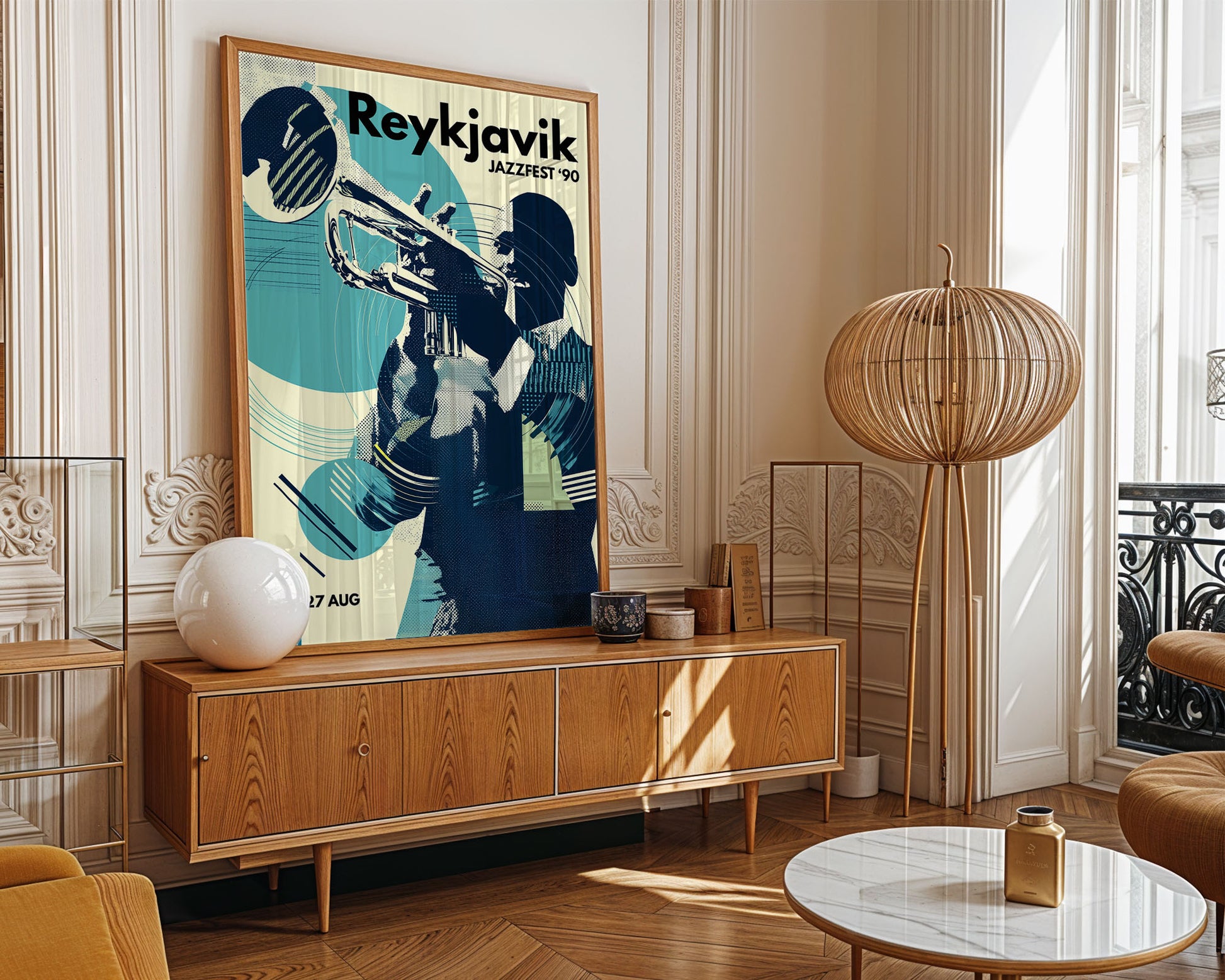 Living room with a wooden sideboard, decorative lamp, and Reykjavik jazz poster.