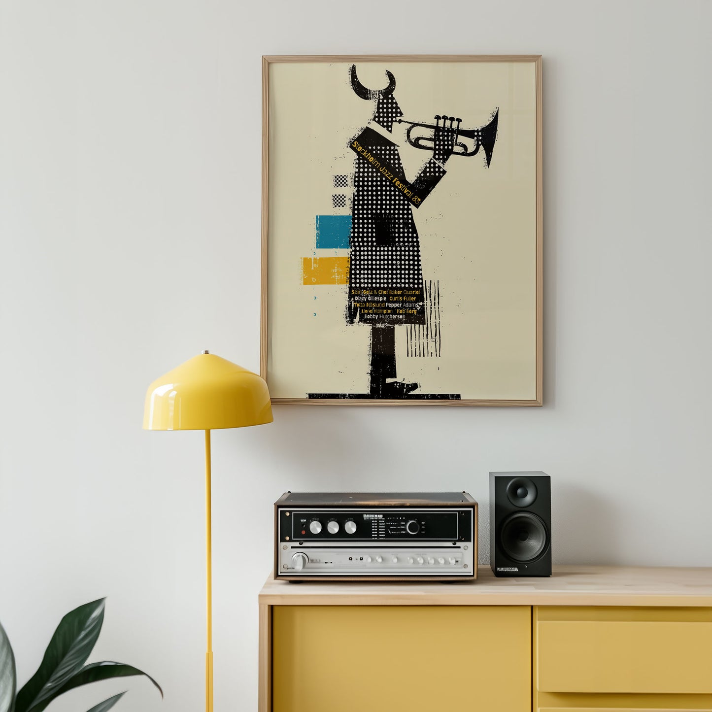 Scandinavian modern jazz print inspired by Stockholm Jazz Festival 1983 with abstract trumpet design
