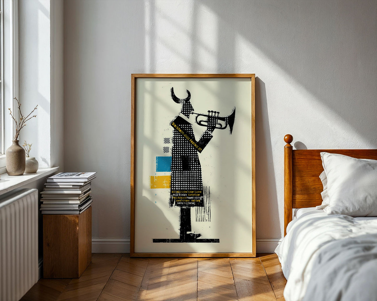 Framed artwork of a person playing a trumpet in a bedroom setting