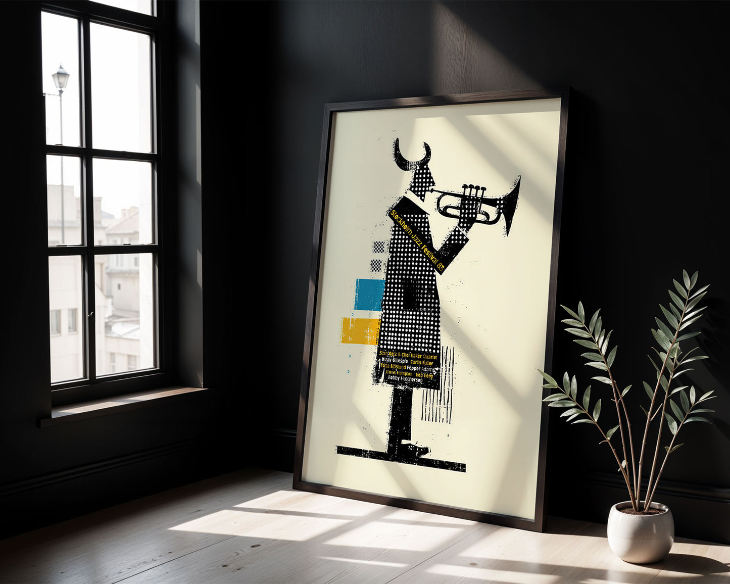 Framed artwork of a person with a horn on a wall in a room with a window and plant.