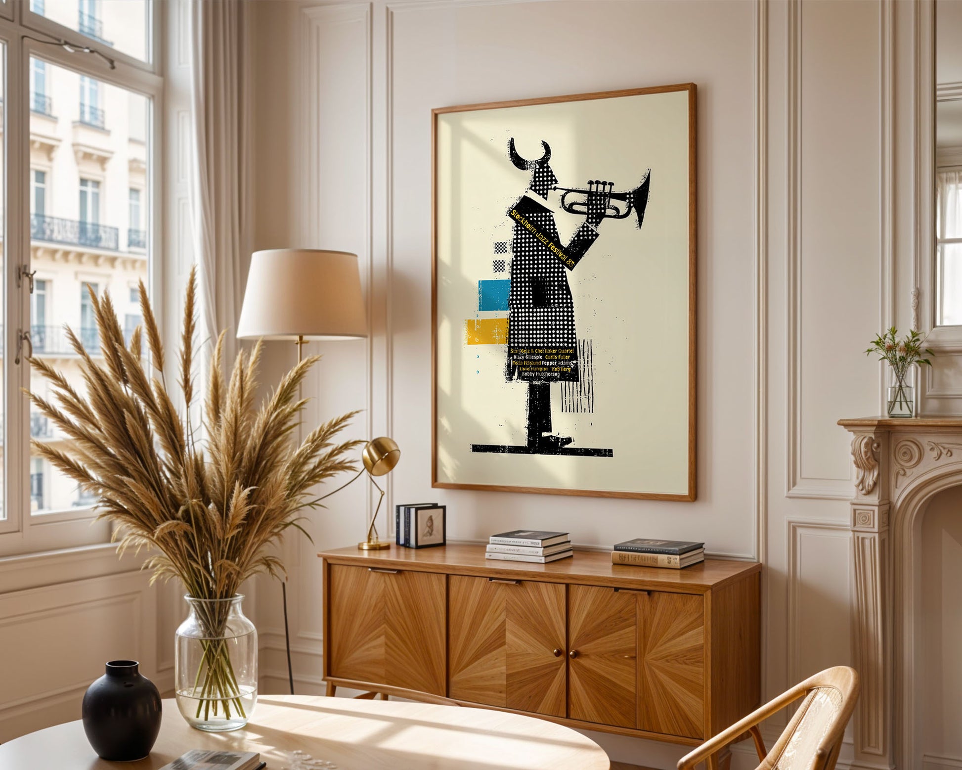 Living room with wooden cabinet, decorative vase, and framed artwork on a wall.