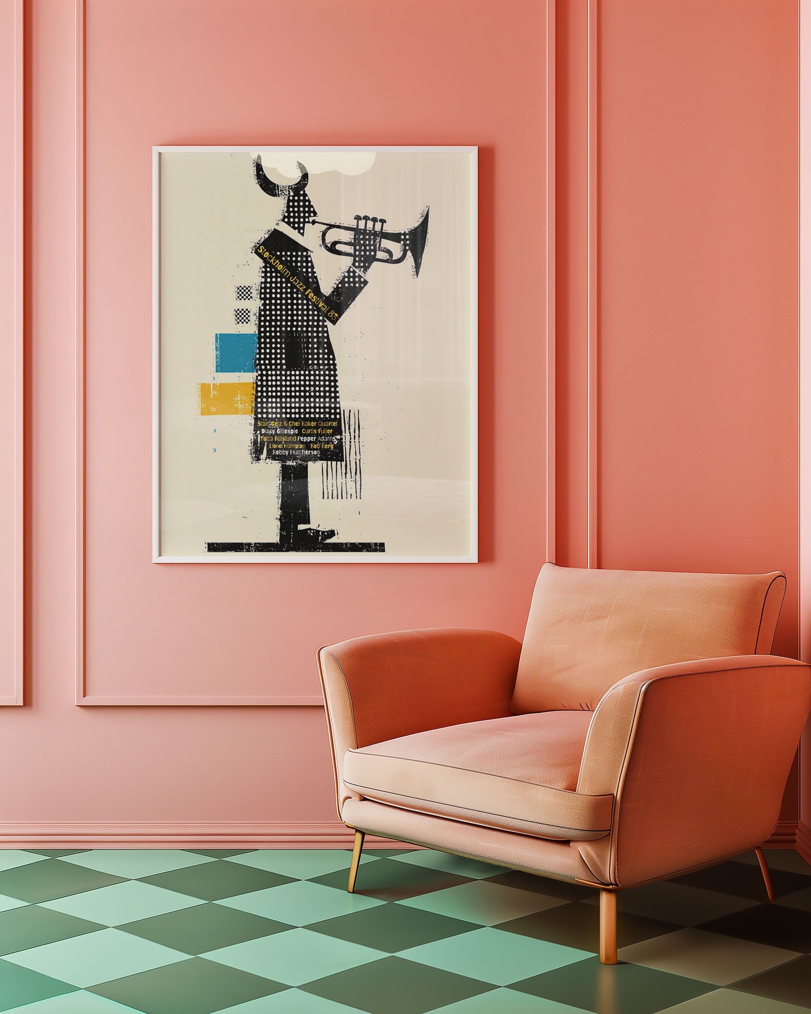 Modern interior with a pink armchair and abstract art on a pink wall.