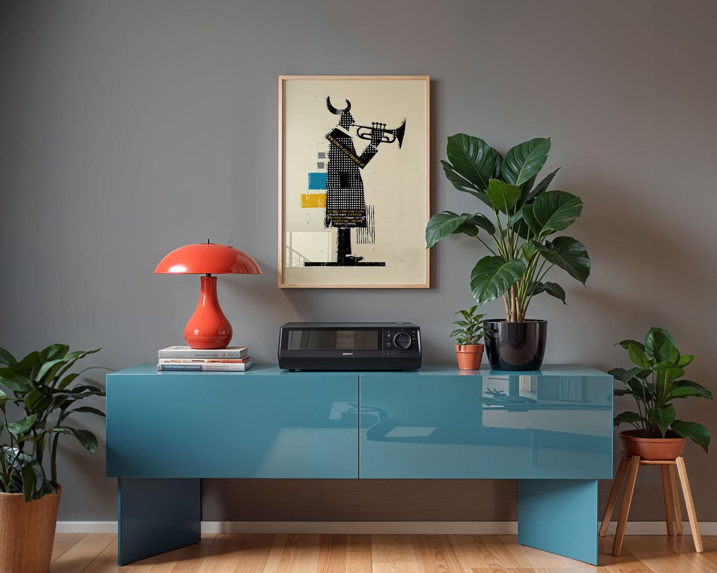 Mid-century modern poster styled in clean Scandinavian inspired living space
