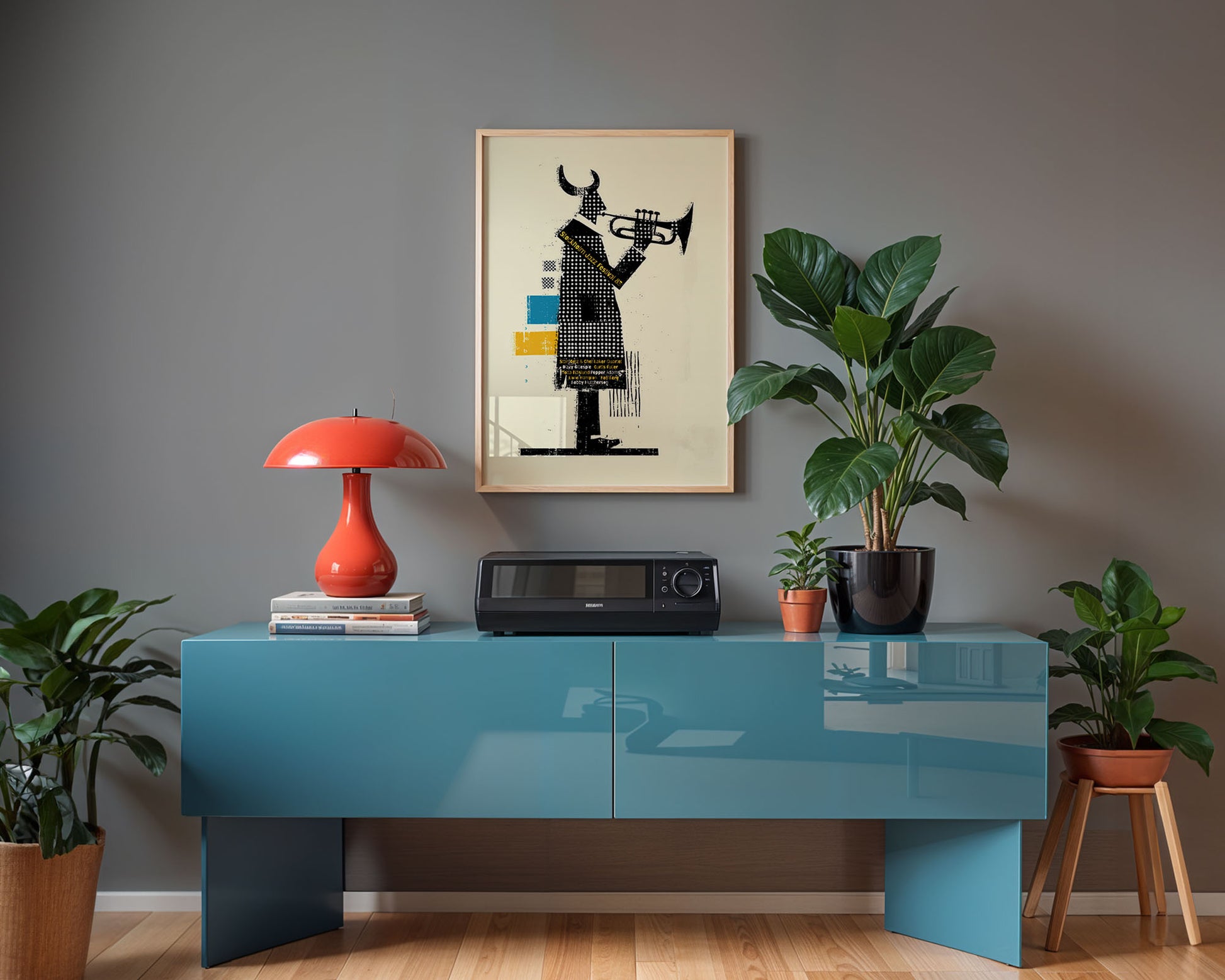 Mid-century modern poster styled in clean Scandinavian inspired living space