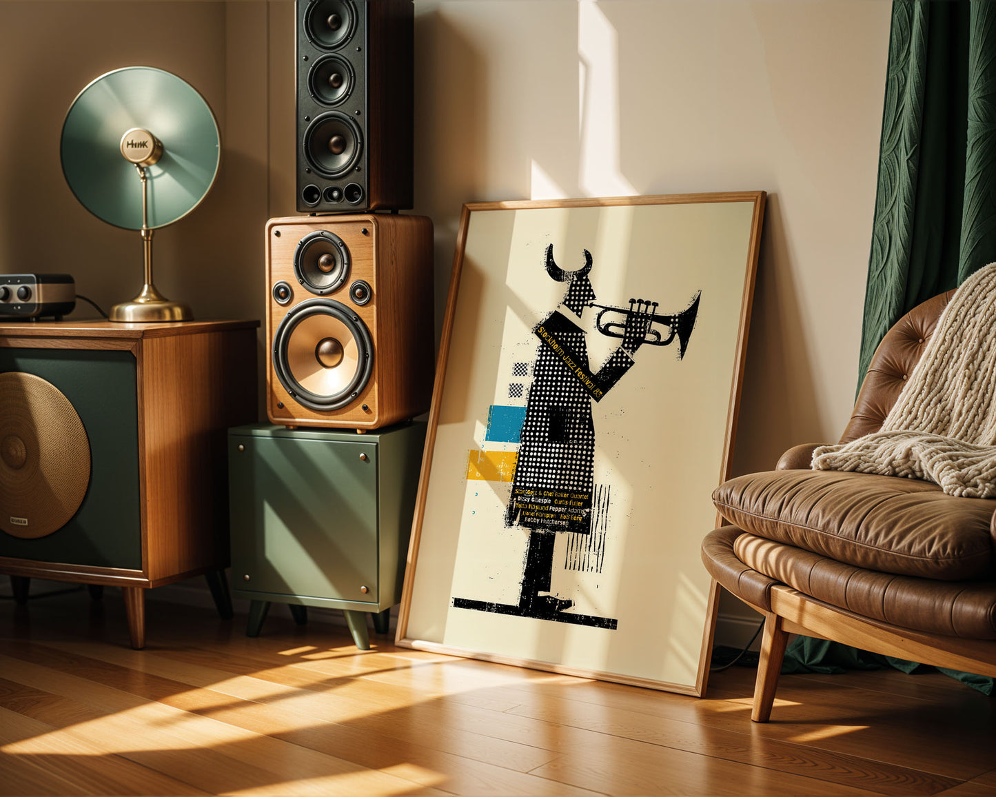 Living room with wooden speakers, a lamp, and a framed picture of a person playing a trumpet.