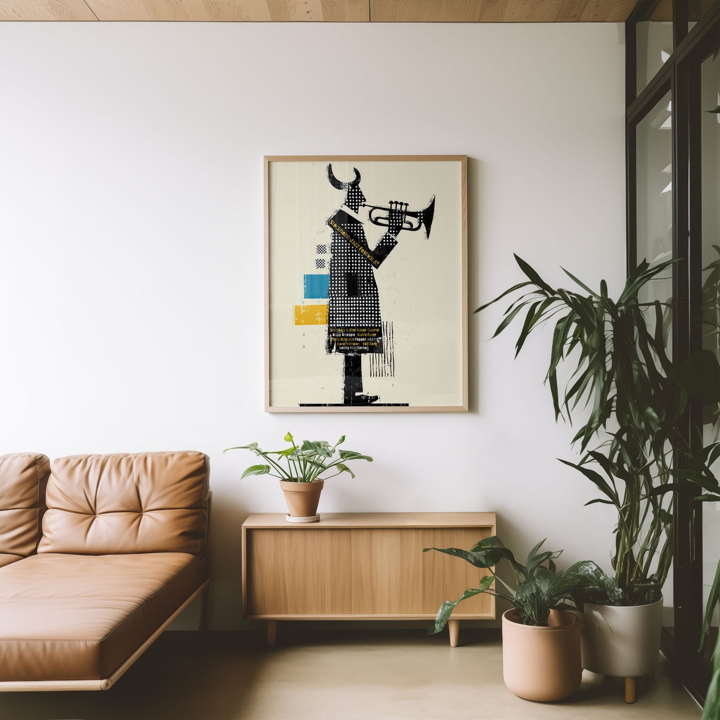 Modern Scandinavian living room with a tan sofa, wooden cabinet, and framed artwork on the wall.