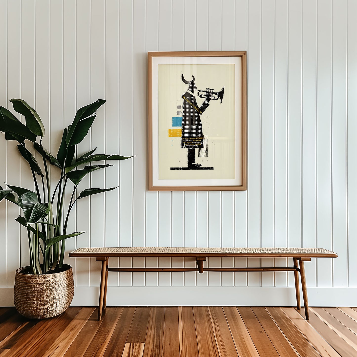 Framed artwork on a wall with a wooden bench and plant below.
