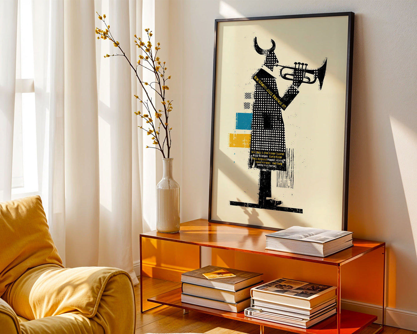 Modern living room with a yellow armchair, glass coffee table, and abstract art on the wall.