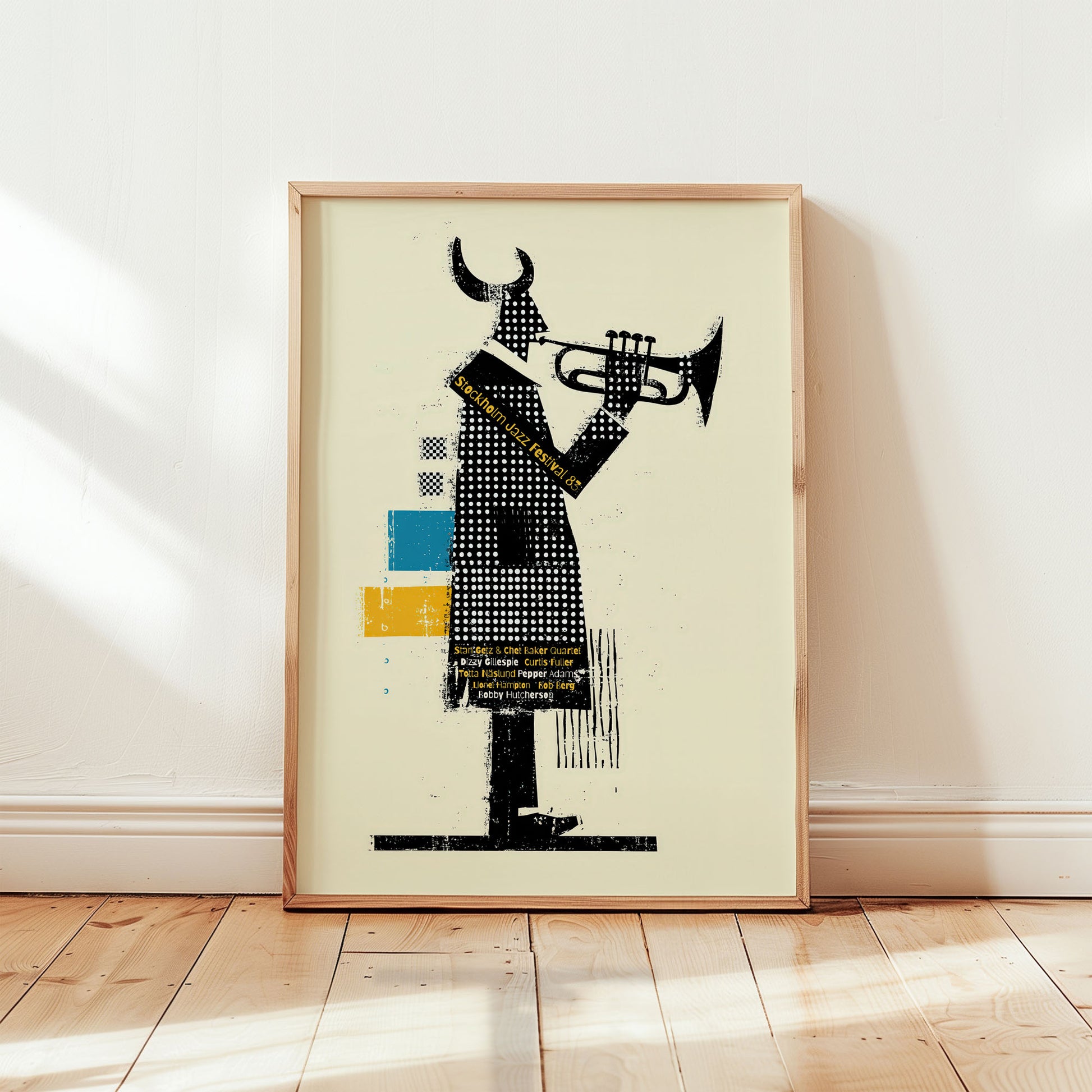 Stockholm Jazz Festival 1983 poster featuring minimalist Scandinavian trumpet player silhouette in vintage modern style
