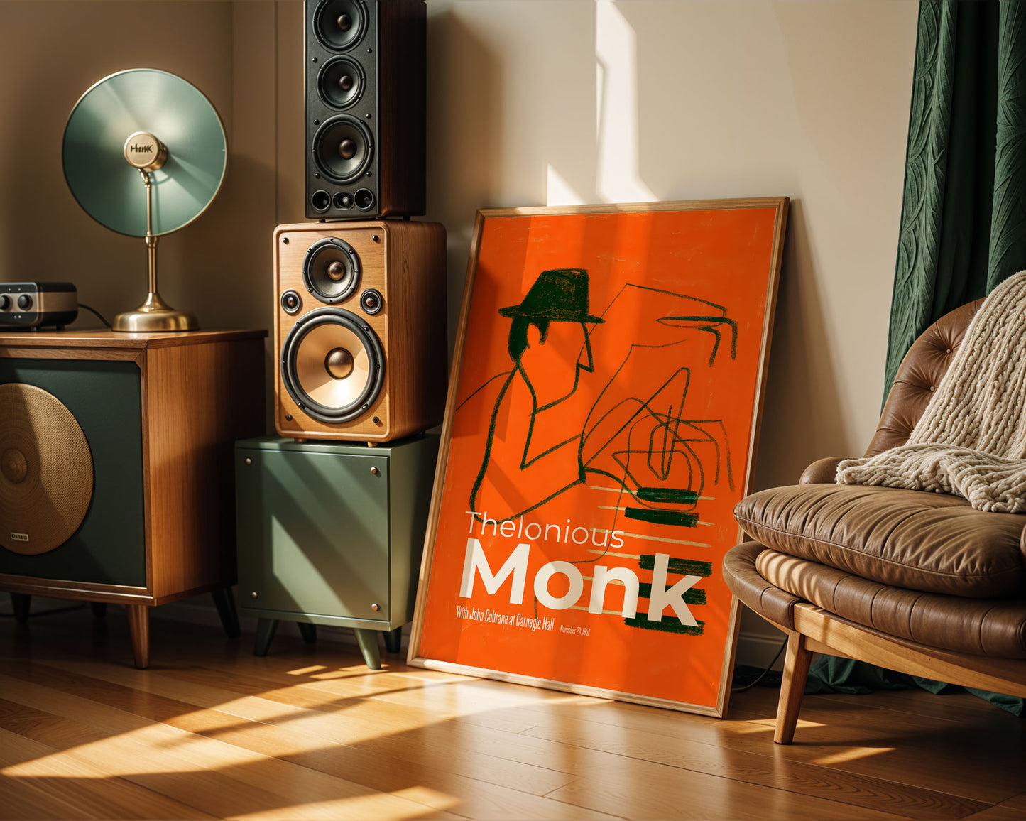 Mid-century inspired art poster styled above sofa in modern home decor setting
