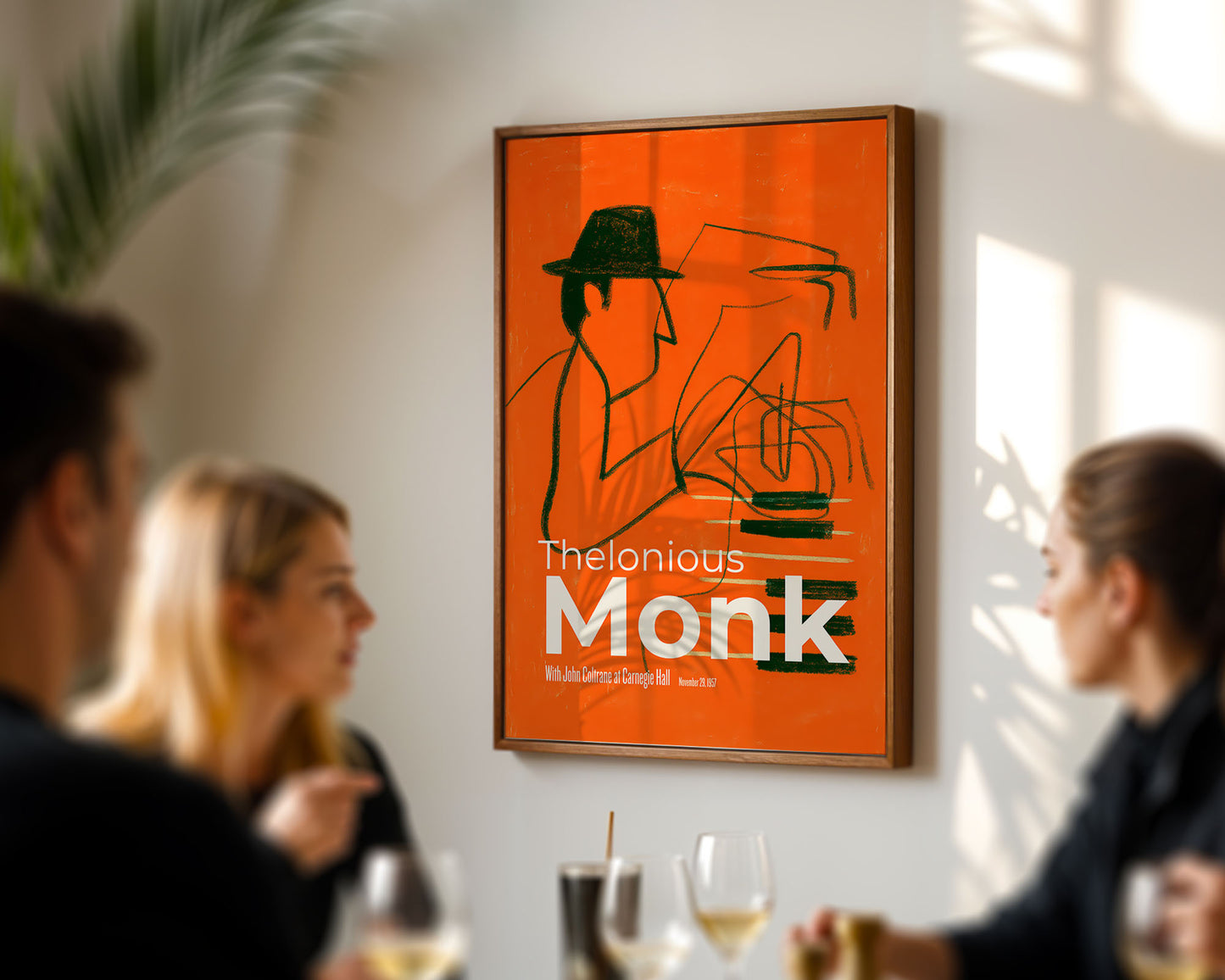 Framed artwork of Thelonious Monk on a wall in a social setting