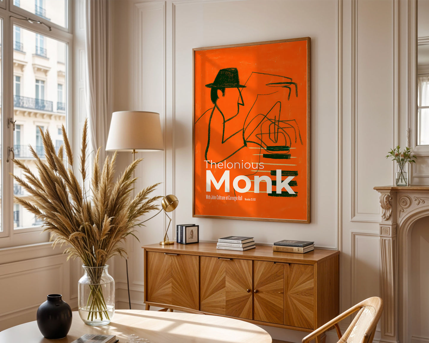 Template D — Neutral interior
Mid-century modern wall art print featured in neutral interior design space