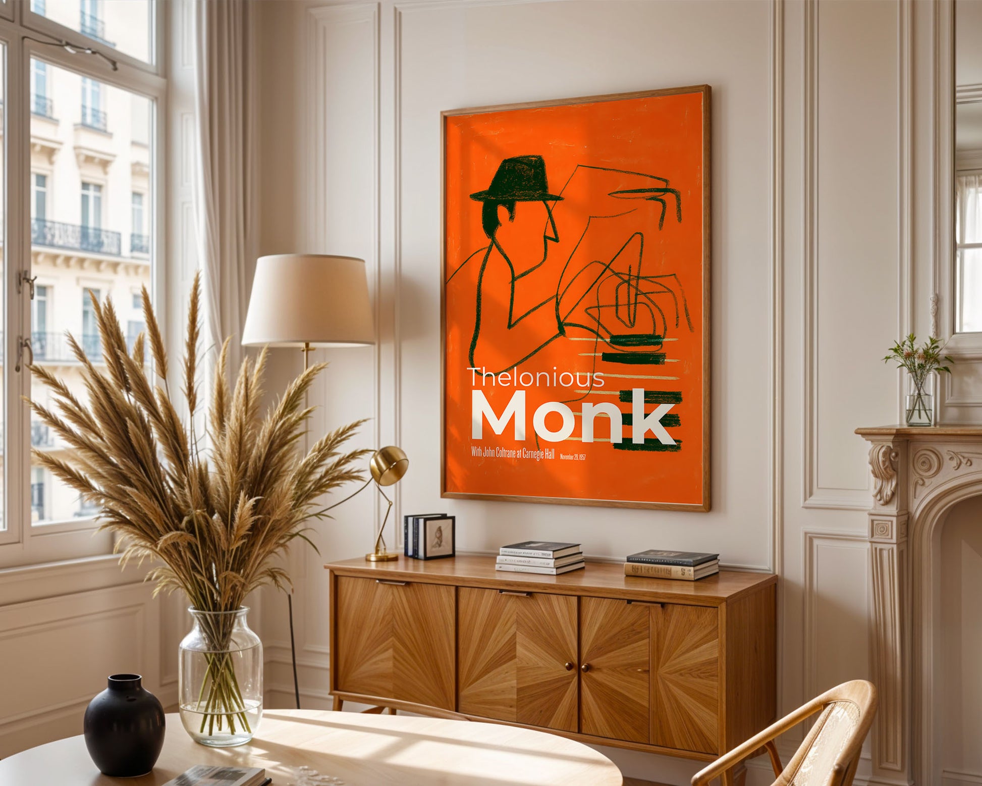 Template D — Neutral interior
Mid-century modern wall art print featured in neutral interior design space
