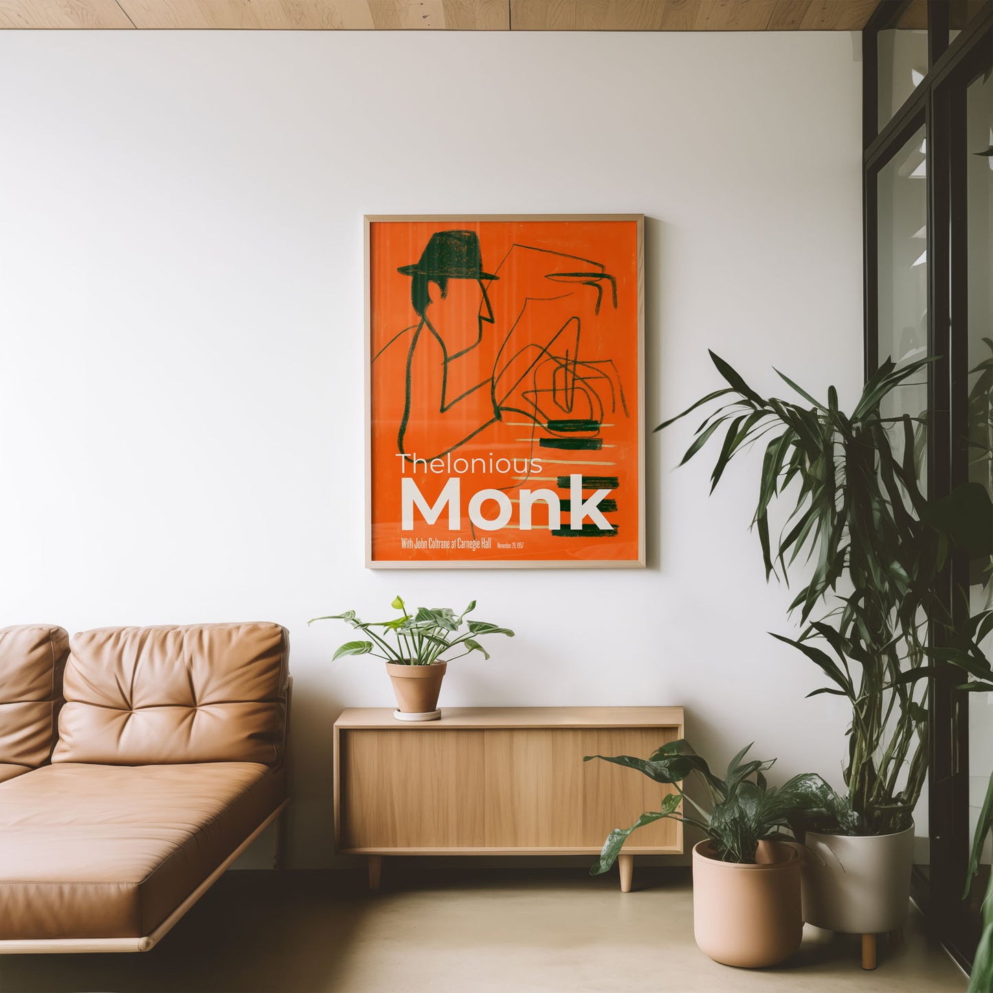 Mid-century modern poster styled in clean Scandinavian inspired living space .