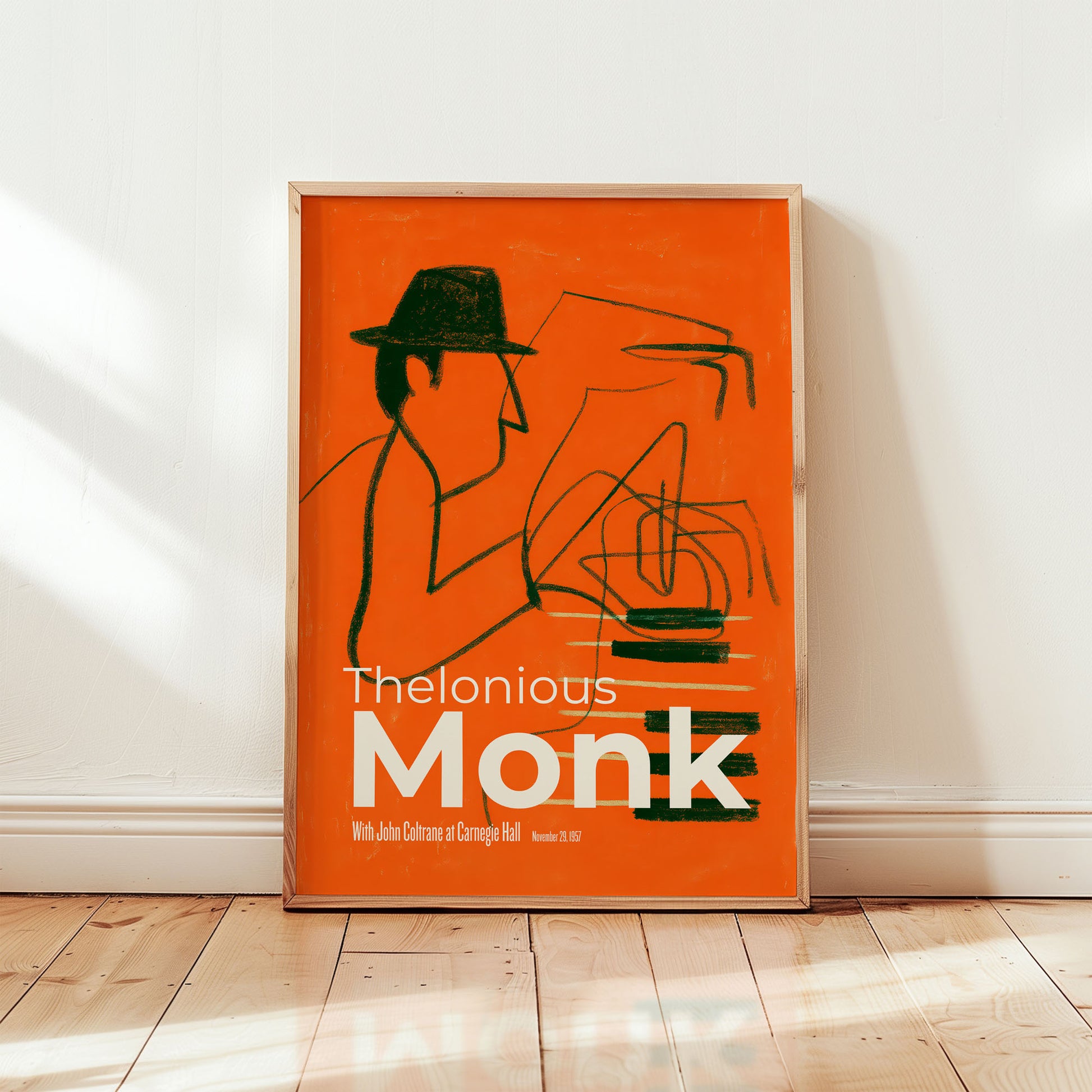 Thelonious Monk inspired jazz poster featuring abstract piano illustration in bold orange mid-century modern style from Wallgarde
