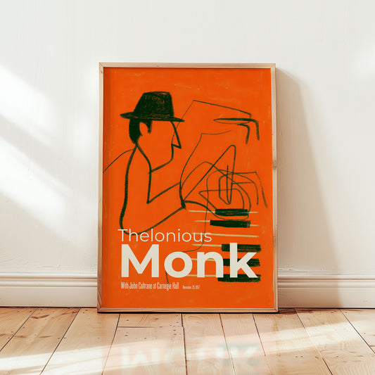 Thelonious Monk inspired jazz poster featuring abstract piano illustration in bold orange mid-century modern style from Wallgarde
