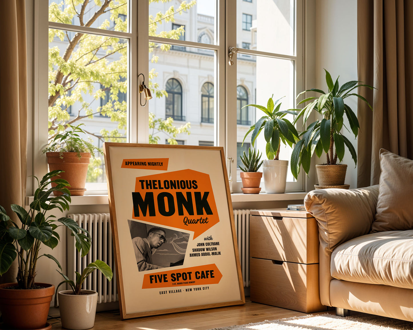 retro wall art Thelonious Monk poster in   cool European a living room with plants and a window.