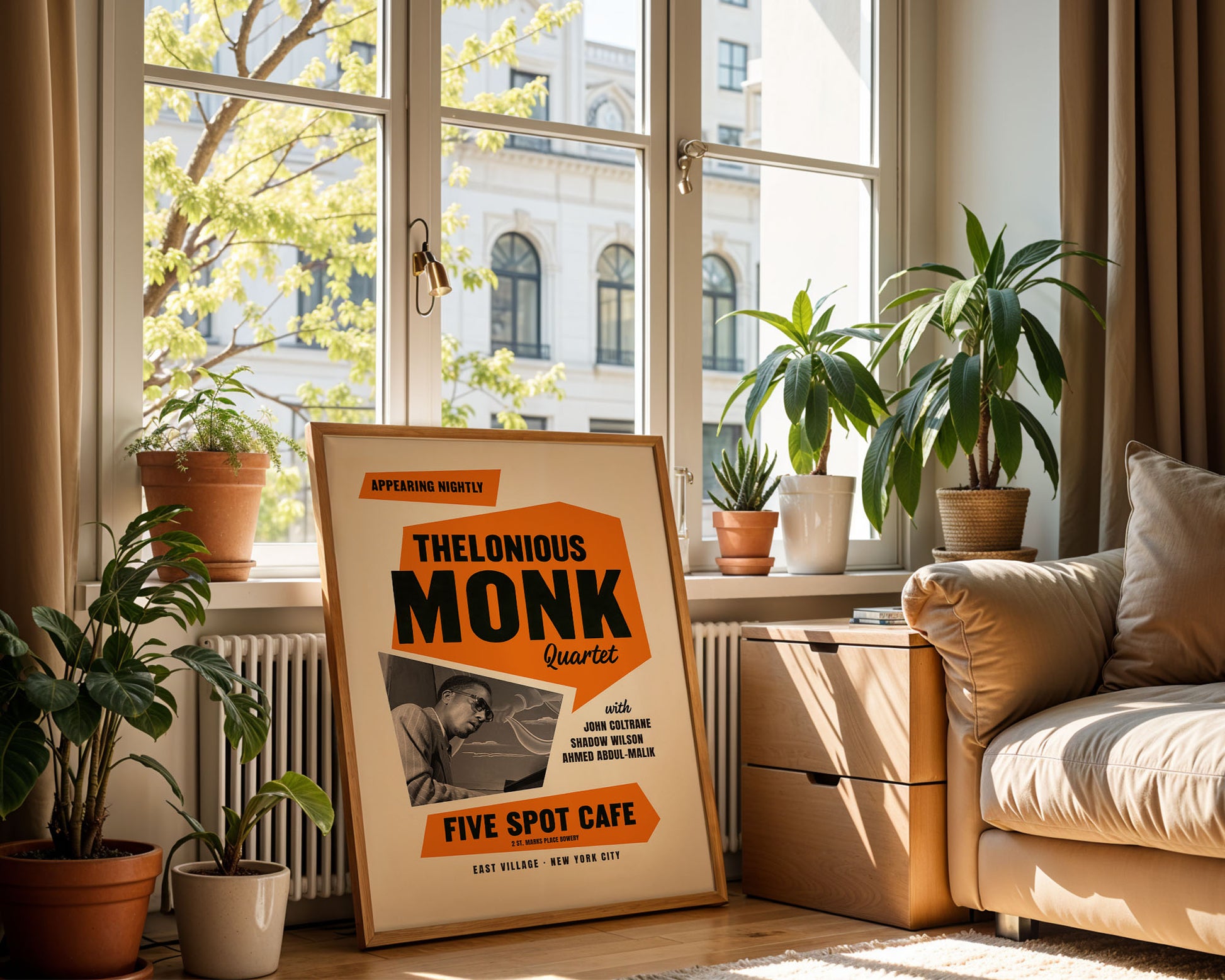 retro wall art Thelonious Monk poster in   cool European a living room with plants and a window.